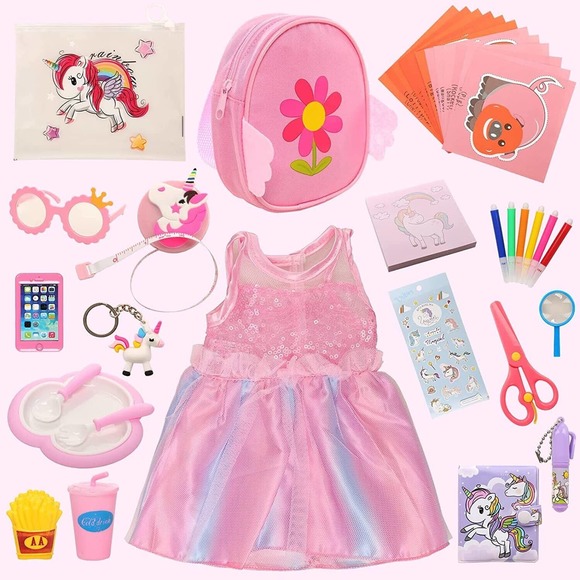 36pcs for 18 Inch Girl Doll Study Theme Kit with 1 Skirt 1 Backpack 1 Pink Glass - Picture 2 of 7